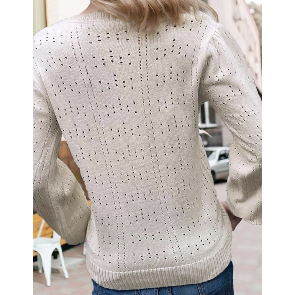 Womens Square Neck Long Puff Sleeve Pointelle Sweater Cream Size Small Casual - Picture 2 of 10